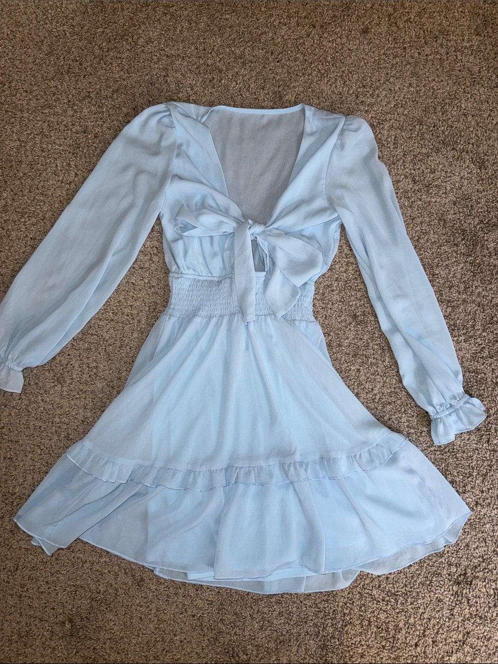 Light Blue Long-Sleeve Tie-Front Mini Dress